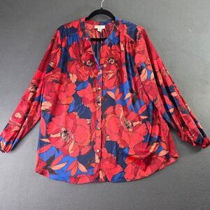Jaclyn Smith Collection Red Blue Floral Long Sleeve Blouse XL Gold Button Top